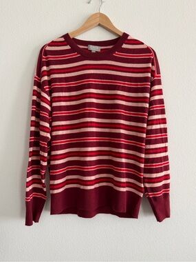 J.Crew Featherweight Cashmere Relaxed Crewneck Sweater Berry Peach Stripe,Size M